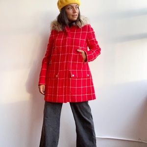 Sold- J Crew windowpane red hooded wool coat